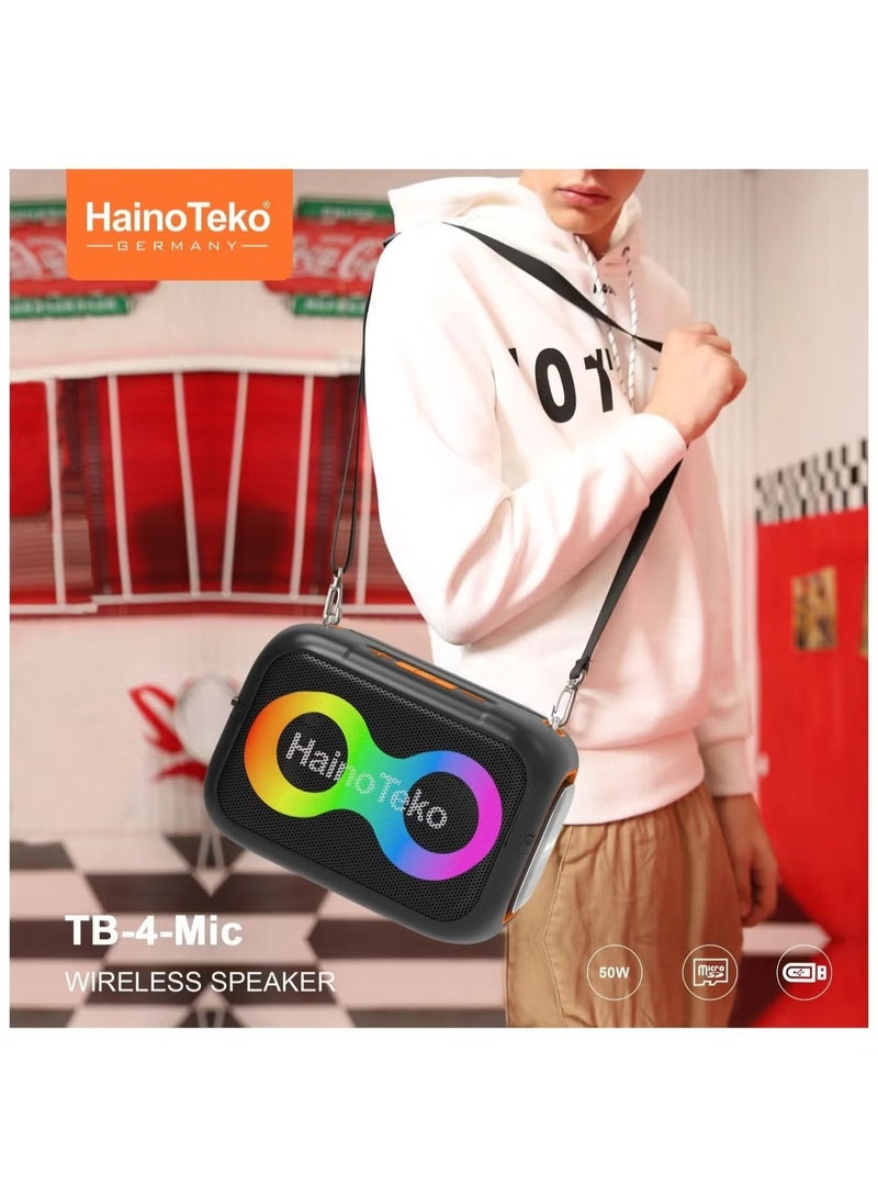 Haino Teko TB-4 Portable Wireless Bluetooth Speaker with 2 Wireless Microphones, 50W Powerful Sound, RGB Lighting, Multi-Function Button Control, Rechargeable Battery – Black - Image 2
